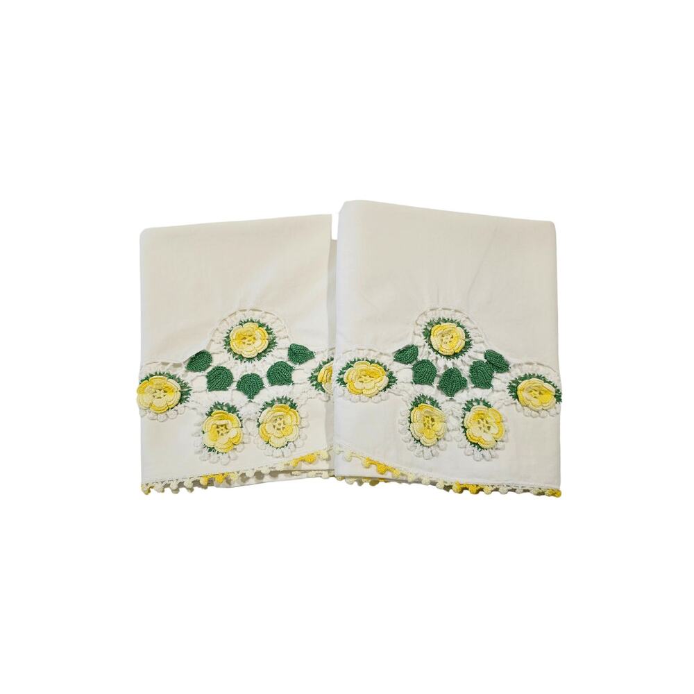 Vintage Crochet White Pillowcase Set of 2 with Yellow Roses & Green Leaves